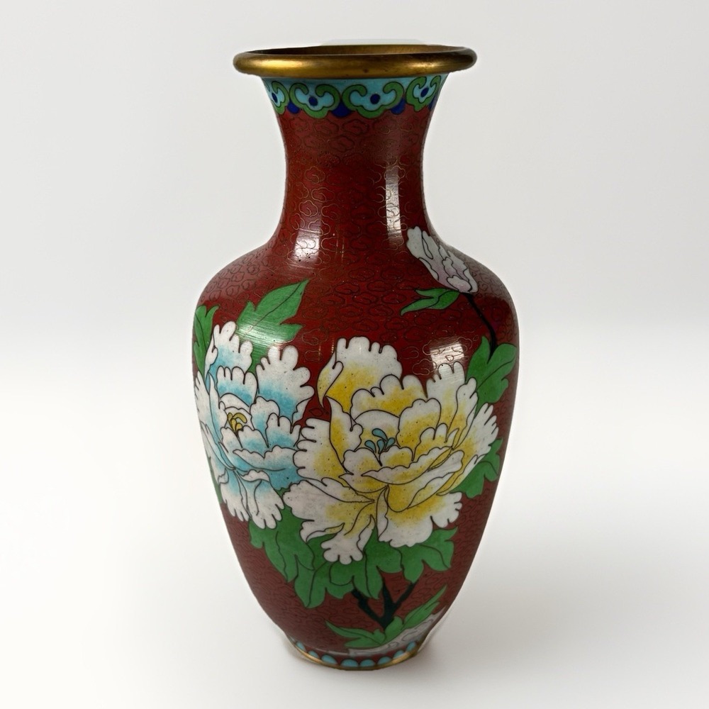 Vintage Chinese‎ Cloisonné Vase 8" Red Floral